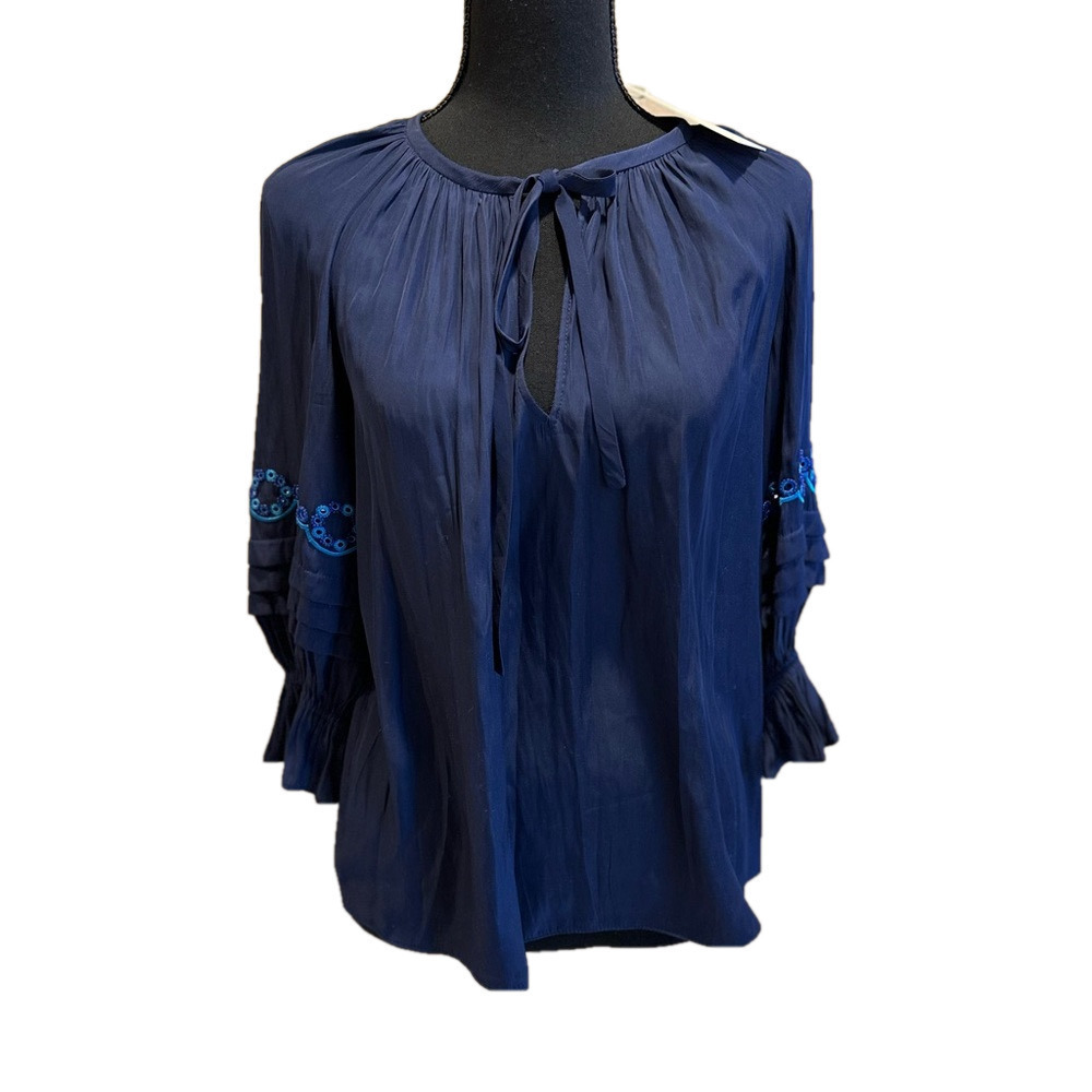 NWT RAMY BROOK NAVY LONG SLEEVE TOP WITH NECK TIE AND EYELET DETAIL ON ARMS